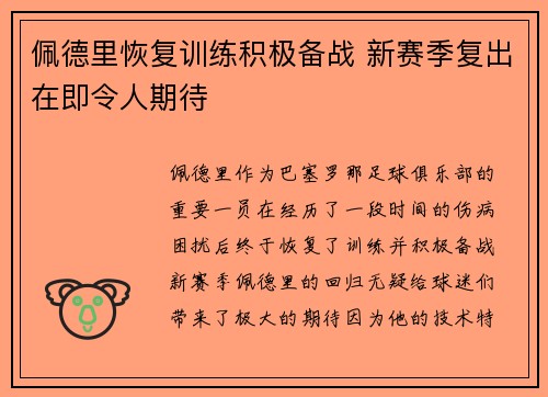 佩德里恢复训练积极备战 新赛季复出在即令人期待 佩德里恢复训练积极备战 新赛季复出在即令人期待